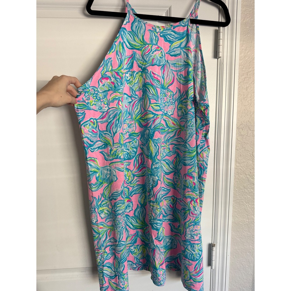 Lilly Pulitzer Pink Blue Pineapple Print Halter Tassel Dress XL Tropical Resort - Picture 2 of 4